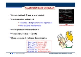 VALORACION DAÑO VASCULAR
                VALORACION DAÑO VASCULAR


Lo más habitual: Grosor arteria carótida

Pocos estudios pediátricos:

         Tendencia a    el grosor en niños hipertensos
                                                                                         cIMT
         Otros estudios: no diferencias                                     carotid intima-media thickness



Puede predecir otros eventos C-V

Correlación positiva con el IMC

No se aconseja de rutina su determinación

                    Sass C et al. J Hypertens 1998
                    Davis PH et al. Circulation 2001
                    Sorof JM et al. Pediatrics 2003
                    Task Force: Pediatrics 2004
                    Jourdan C et al. J Hypertens 2005
                    Stabouli S et al. Pediatr Nephrol 2005
                                                       Hospital Universitari Arnau de Vilanova de Lleida
 