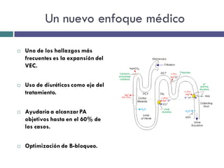Un nuevo enfoque médico

   Uno de los hallazgos más
    frecuentes es la expansión del
    VEC.


   Uso de diuréticos como eje del
    tratamiento.


   Ayudaría a alcanzar PA
    objetivos hasta en el 60% de
    los casos.


   Optimización de B-bloqueo.
 