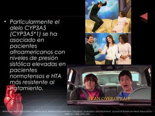 American Heart Association. Calhoun et al. Resistant Hypertension: Diagnosis, evaluation and treatment. Journal of American Heart Association.
2008: 51; 1403-1419. USA.
• Particularmente el
alelo CYP3A5
(CYP3A5*1) se ha
asociado en
pacientes
afroamericanos con
niveles de presión
sistólica elevadas en
pacientes
normotensos e HTA
más resistente al
tratamiento.
 