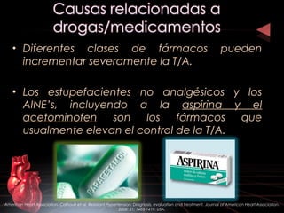 • Diferentes clases de fármacos pueden
incrementar severamente la T/A.
• Los estupefacientes no analgésicos y los
AINE’s, incluyendo a la aspirina y el
acetominofen son los fármacos que
usualmente elevan el control de la T/A.
American Heart Association. Calhoun et al. Resistant Hypertension: Diagnosis, evaluation and treatment. Journal of American Heart Association.
2008: 51; 1403-1419. USA.
 