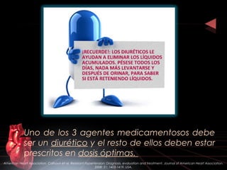 • Uno de los 3 agentes medicamentosos debe
ser un diurético y el resto de ellos deben estar
prescritos en dosis óptimas.
American Heart Association. Calhoun et al. Resistant Hypertension: Diagnosis, evaluation and treatment. Journal of American Heart Association.
2008: 51; 1403-1419. USA.
 