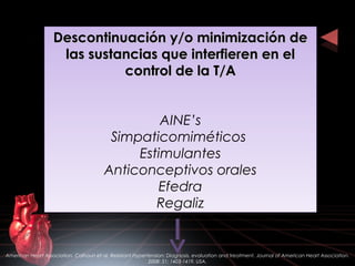 Descontinuación y/o minimización deDescontinuación y/o minimización de
las sustancias que interfieren en ellas sustancias que interfieren en el
control de la T/Acontrol de la T/A
AINE’s
Simpaticomiméticos
Estimulantes
Anticonceptivos orales
Efedra
Regaliz
Descontinuación y/o minimización deDescontinuación y/o minimización de
las sustancias que interfieren en ellas sustancias que interfieren en el
control de la T/Acontrol de la T/A
AINE’s
Simpaticomiméticos
Estimulantes
Anticonceptivos orales
Efedra
Regaliz
American Heart Association. Calhoun et al. Resistant Hypertension: Diagnosis, evaluation and treatment. Journal of American Heart Association.
2008: 51; 1403-1419. USA.
 