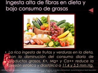 • La rica ingesta de frutas y verduras en la dieta,
con la disminución del consumo diario de
productos grasos, K+, Mg+ y Ca++ reduce la
presión sistólica y diastólica a 11.4 y 5.5 mm Hg
American Heart Association. Calhoun et al. Resistant Hypertension: Diagnosis, evaluation and treatment. Journal of American Heart Association.
2008: 51; 1403-1419. USA.
 