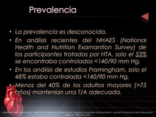 • La prevalencia es desconocida.
• En análisis recientes del NHAES (National
Health and Nutrition Examantion Survey) de
los participantes tratados por HTA, solo el 53%
se encontraba controlados <140/90 mm Hg.
• En los análisis de estudios Framingham, solo el
48% estaba contralada <140/90 mm Hg.
• Menos del 40% de los adultos mayores (>75
años) mantenían una T/A adecuada.
American Heart Association. Calhoun et al. Resistant Hypertension: Diagnosis, evaluation and treatment. Journal of American Heart Association.
2008: 51; 1403-1419. USA.
 