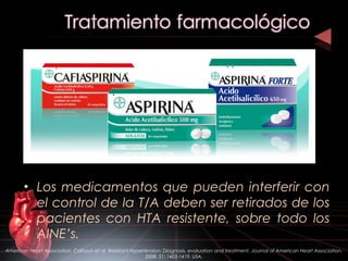 • Los medicamentos que pueden interferir con
el control de la T/A deben ser retirados de los
pacientes con HTA resistente, sobre todo los
AINE’s.
American Heart Association. Calhoun et al. Resistant Hypertension: Diagnosis, evaluation and treatment. Journal of American Heart Association.
2008: 51; 1403-1419. USA.
 