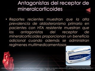 • Reportes recientes muestran que la alta
prevalencia de aldosteronismo primario en
pacientes con HTA resistente muestran que
los antagonistas del receptor de
mineralcorticoides proporcionan un beneficio
adicional cuando además se administran
regímenes multimedicamentosos.
American Heart Association. Calhoun et al. Resistant Hypertension: Diagnosis, evaluation and treatment. Journal of American Heart Association.
2008: 51; 1403-1419. USA.
 