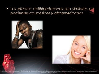 • Los efectos antihipertensivos son similares en
pacientes caucásicos y afroamericanos.
American Heart Association. Calhoun et al. Resistant Hypertension: Diagnosis, evaluation and treatment. Journal of American Heart Association.
2008: 51; 1403-1419. USA.
 