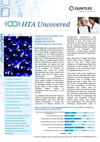 HTA Uncovered
Is s u e N o. 4 – Fe br ua r y 2 0 14

Impact of accountable-care
organizations on
biopharmaceutical
reimbursement and access
Accountable care organizations (ACOs)
are a relatively recent phenomenon in
the United States healthcare system,
accelerated by the Patient Protection
and Affordable Care Act (PPACA) of
2009. ACO models generally have three
basic tenets vs. existing fee-for-service
provider health delivery models: (1) they
are accountable for quality and cost
management across the care continuum
for a population of patients; (2)
payments are linked to quality
improvements that reduce overall care
delivery costs; and (3) often involve
sophisticated
performance
measurement to track improvements. In
some models, outside of performance
dashboards, providers are responsible
for managing delivery of core service
groups within a fixed budget, more
pointedly
shifting
burden
of
management from the payer to the
provider.

“It will be critical for
manufacturers to anticipate
the different evidence needs
and decision drivers of at-risk
providers, understand the
extent their products may be

To understand the perceived impact of
ACOs on biopharmaceuticals, specialty
pharmaceuticals, and other high-cost
medical technologies, a survey was
conducted of medical directors at

impacted by ACO approaches,
and develop value
communications aligned with

managed-care
organizations
and
provider groups, with responses from 40
individuals in total. This survey was
supported by Quintiles and sponsored
by the Genomics Biotech Emerging
Medical Technology Institute of National
Association
of
Managed
Care
Physicians, a 10,000+ payer, providers
and healthcare purchasers‟ organization
in the US1.
Eight approaches to health technology
market access were assessed on a
scale of 1-10, with 1 being highly
unlikely and 10 being highly likely. Key
implications of ACO models, from the
perspective of US commercial payers,
are highlighted below (Figure 1).
The results of this survey suggest that
medical directors anticipate that greater
emphasis on clinical pathways and a
heightened level of provider value
scrutiny are likely or highly likely, with
70% to 80% of respondents suggesting
that how technologies fit into care
paradigms and overall levels of
supporting evidence for that fit are likely
to increase in the short term. Along with
this, over 60% of respondents anticipate
that the threshold for acceptance will
increase and potentially influenced
contract terms based upon relative
value assessments. This indicates that
technology manufacturers need to

Figure 1: Extent to which the following outcomes are seen as likely or unlikely for
new technologies as a result of ACO

this new provider
management model.”

Higher access hurdles targeting quality and/or pay
for performance

Eric Faulkner, Director, Global

New contracting requirements

Market Access, Quintiles

38%
32%

Preclude some new health technologies

Consulting and Executive

Clinical pathways for greater cost savings

Director, Genomics Biotech

Clinical pathways for improved efficacy

Emerging Medical Technology
Association of Managed Care

Increased provider scrutiny of value

Physicians

Unlikely
1

68%

54%
32%

46%
68%

22%

Carve-outs for certain HTAs

Institute of the National

62%

78%
64%

28%

36%

72%

Likely

For more information, please contact the study lead author, Eric Faulkner, at eric.faulkner@quintiles.com

 