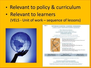 • Relevant to policy & curriculum
• Relevant to learners
  (VELS - Unit of work – sequence of lessons)
 