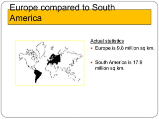 Europe compared to South
America

                  Actual statistics
                   Europe is 9.8 million sq km.


                   South America is 17.9
                    million sq km.
 
