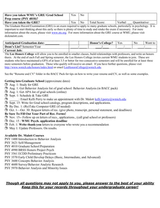 Have you taken WMU’s GRE/ Grad School
Prep course (PSY 4010)?
Yes No
Have you taken the GRE? Yes No Total Score: Verbal: _...