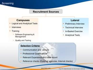 Campuses  Lateral  Logical and Analytical Tests Interviews Training  Software Engineering & Management Quality and Testing   Preliminary Interview  Technical Interview In-Basket Exercise Analytical Tests Selection Criteria Communication and  attitude Professional Qualifications Relevant Experience and track record  Reference checks (External agencies, Internal checks) Screening Recruitment Sources 