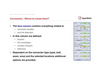 Copyright © 2012 Altair Engineering, Inc. Proprietary and Confidential. All rights reserved.




Connectors - Where to create them?


•  The blue column contains everything related to
                •  connector creation
                •  and link detection.
•  In this column are defined:
                •  location
                •  link candidates
                •  number of layers
                •  tolerance
•  Dependent on the connector type (spot, bolt,
          seam, area) and the selected locations additional
          options are provided.
 
