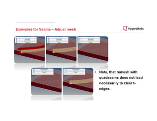 Copyright © 2012 Altair Engineering, Inc. Proprietary and Confidential. All rights reserved.




Examples for Seams – Adjust mesh




                                                                                               •  Note, that remesh with
                                                                                                 quadseams does not lead
                                                                                                 necessarily to clear t-
                                                                                                 edges.
 