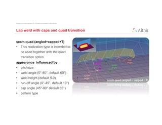 Copyright © 2012 Altair Engineering, Inc. Proprietary and Confidential. All rights reserved.




Lap weld with caps and quad transition


seam-quad (angled+capped+T)
•  This realization type is intended to
          be used together with the quad
          transition option.
appearance influenced by
•  pitchsize
•  weld angle (0°-60°, default 60°)
•  weld height (default 5.0)
•  run-off angle (0°-45°, default 10°)
•  cap angle (45°-90° default 65°)
•  pattern type
 
