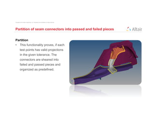 Copyright © 2012 Altair Engineering, Inc. Proprietary and Confidential. All rights reserved.




Partition of seam connectors into passed and failed pieces


Partition
•  This functionality proves, if each
          test points has valid projections
          in the given tolerance. The
          connectors are sheared into
          failed and passed pieces and
          organized as predefined.
 