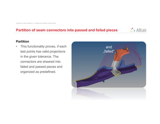 Copyright © 2012 Altair Engineering, Inc. Proprietary and Confidential. All rights reserved.




Partition of seam connectors into passed and failed pieces


Partition
•  This functionality proves, if each                                                            and
          test points has valid projections                                                    „failed“
          in the given tolerance. The
          connectors are sheared into
          failed and passed pieces and
          organized as predefined.
 
