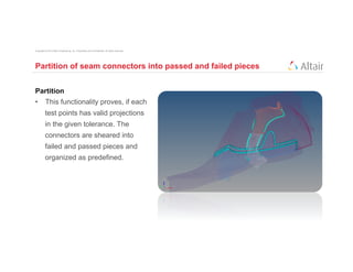 Copyright © 2012 Altair Engineering, Inc. Proprietary and Confidential. All rights reserved.




Partition of seam connectors into passed and failed pieces


Partition
•  This functionality proves, if each
          test points has valid projections
          in the given tolerance. The
          connectors are sheared into
          failed and passed pieces and
          organized as predefined.
 