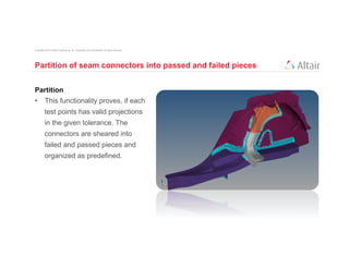 Copyright © 2012 Altair Engineering, Inc. Proprietary and Confidential. All rights reserved.




Partition of seam connectors into passed and failed pieces


Partition
•  This functionality proves, if each
          test points has valid projections
          in the given tolerance. The
          connectors are sheared into
          failed and passed pieces and
          organized as predefined.
 