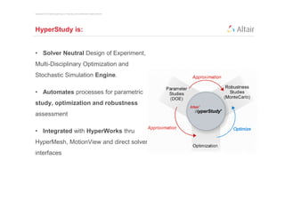 Copyright © 2012 Altair Engineering, Inc. Proprietary and Confidential. All rights reserved.




HyperStudy is:


• Solver Neutral Design of Experiment,
Multi-Disciplinary Optimization and
Stochastic Simulation Engine.

• Automates processes for parametric
study, optimization and robustness
assessment

• Integrated with HyperWorks thru
HyperMesh, MotionView and direct solver
interfaces
 