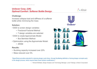 Copyright © 2012 Altair Engineering, Inc. Proprietary and Confidential. All rights reserved.




Unilever Corp. (UK)
Optimal Comfort Softener Bottle Design

Challenge:
Increase collapse load and stiffness of a softener
bottle while minimizing the mass

Solution:
• DOE to screen design variables:
     • Fractional Factorial Method
     • 7 design variables are selected
• DOE to create Approximate Model:
     • Box Behnken Method
• Optimization using the Approximate Model:
     • ARSM
Results:
• Buckling capacity increased over 20%
• Mass reduced over 5%

“HyperStudy provides potential for reducing design cycle times, through facilitating definition of strong design concepts early
in the design process, which require fewer down-stream modifications.”
                                                                            – Richard McNabb, Design Analysis and Technology Manager, Lever Fabergé, Unilever Corporation
 