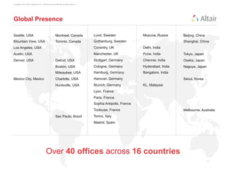 Copyright © 2012 Altair Engineering, Inc. Proprietary and Confidential. All rights reserved.




Global Presence

Seattle, USA                                                 Montreal, Canada                  Lund, Sweden               Moscow, Russia     Beijing, China
Mountain View, USA                                           Toronto, Canada                   Gothenburg, Sweden                            Shanghai, China
Los Angeles, USA                                                                               Coventry, UK               Delhi, India
Austin, USA                                                                                    Manchester, UK             Pune, India        Tokyo, Japan
Denver, USA                                                  Detroit, USA                      Stuttgart, Germany         Chennai, India     Osaka, Japan
                                                             Boston, USA                       Cologne, Germany           Hyderabad, India   Nagoya, Japan
                                                             Milwaukee, USA                    Hamburg, Germany           Bangalore, India
Mexico City, Mexico                                          Charlotte, USA                    Hanover, Germany                              Seoul, Korea
                                                             Huntsville, USA                   Munich, Germany            KL, Malaysia
                                                                                               Lyon, France
                                                                                               Paris, France
                                                                                               Sophia Antipolis, France
                                                                                               Toulouse, France                              Melbourne, Australia
                                                             Sao Paulo, Brazil                 Torino, Italy
                                                                                               Madrid, Spain




                                               Over 40 offices across 16 countries
 