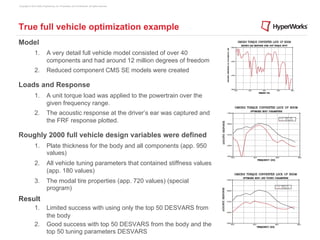 Copyright © 2012 Altair Engineering, Inc. Proprietary and Confidential. All rights reserved.




True full vehicle optimization example
Model
                1.  A very detail full vehicle model consisted of over 40
                    components and had around 12 million degrees of freedom
                2.  Reduced component CMS SE models were created

Loads and Response
                1.  A unit torque load was applied to the powertrain over the
                    given frequency range.
                2.  The acoustic response at the driver’s ear was captured and
                    the FRF response plotted.

Roughly 2000 full vehicle design variables were defined
                1.  Plate thickness for the body and all components (app. 950
                    values)
                2.  All vehicle tuning parameters that contained stiffness values
                    (app. 180 values)
                3.  The modal tire properties (app. 720 values) (special
                    program)
Result
                1.  Limited success with using only the top 50 DESVARS from
                    the body
                2.  Good success with top 50 DESVARS from the body and the
                    top 50 tuning parameters DESVARS
 