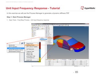 Copyright © 2012 Altair Engineering, Inc. Proprietary and Confidential. All rights reserved.




Unit Input Frequency Response - Tutorial
  In this exercise we will use the Process Manager to generate a dynamic stiffness FRF

  Step 1: Start Process Manager
  1. Open Tools – Freq Resp Process – Unit input frequency response




                                                                                               -   85
 