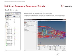 Copyright © 2012 Altair Engineering, Inc. Proprietary and Confidential. All rights reserved.




Unit Input Frequency Response - Tutorial
  Step 11: Export Deck

                                                                                      All created entities can be viewed/edited in the Model browser

                                                                                      Any changes can then be made before the DECK is then exported using standard DECK
                                                                                      export.




                                                                                                                                                       -   90
 