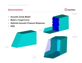Copyright © 2012 Altair Engineering, Inc. Proprietary and Confidential. All rights reserved.




Demonstration


• Acoustic Cavity Model
• Match a Target Curve
• Optimize Acoustic Pressure Response
• GSO
 