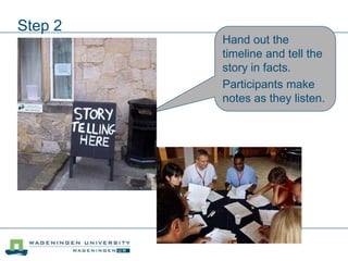 Step 2
Hand out the
timeline and tell the
story in facts.
Participants make
notes as they listen.
 