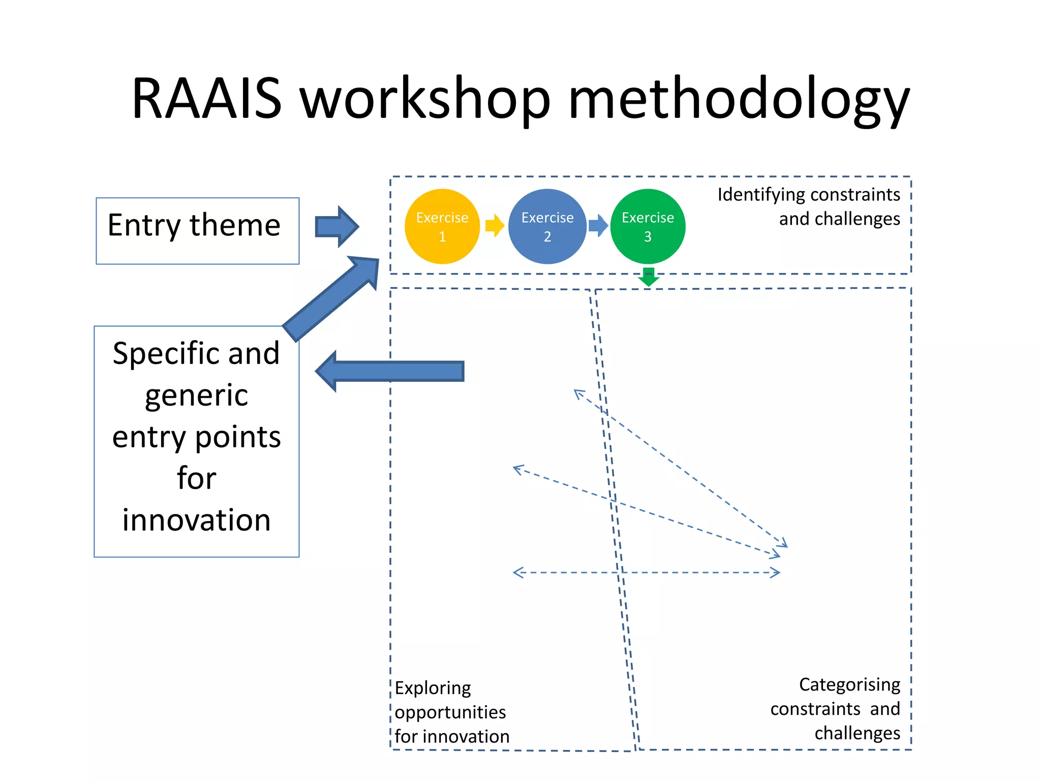 RAAIS workshop methodology
Exercise
2
Exercise
3
Exercise
1
Categorising
constraints and
challenges
Exploring
opportunities
for innovation
Identifying constraints
and challenges
Entry theme
Specific and
generic
entry points
for
innovation
 