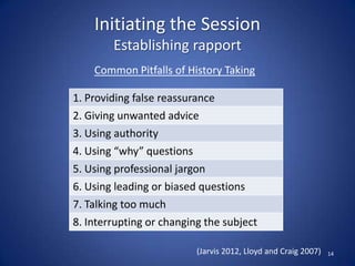 Initiating the Session
Establishing rapport
1. Providing false reassurance
2. Giving unwanted advice
3. Using authority
4. Using “why” questions
5. Using professional jargon
6. Using leading or biased questions
7. Talking too much
8. Interrupting or changing the subject
14(Jarvis 2012, Lloyd and Craig 2007)
Common Pitfalls of History Taking
 