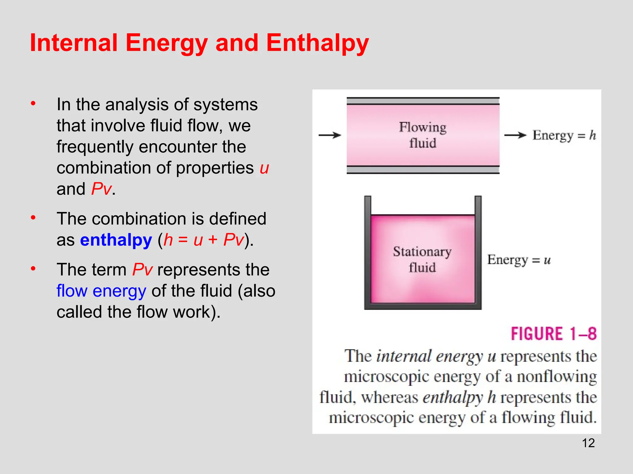 12
Internal Energy and Enthalpy
• In the analysis of systems
that involve fluid flow, we
frequently encounter the
combination of properties u
and Pv.
• The combination is defined
as enthalpy (h = u + Pv).
• The term Pv represents the
flow energy of the fluid (also
called the flow work).
 