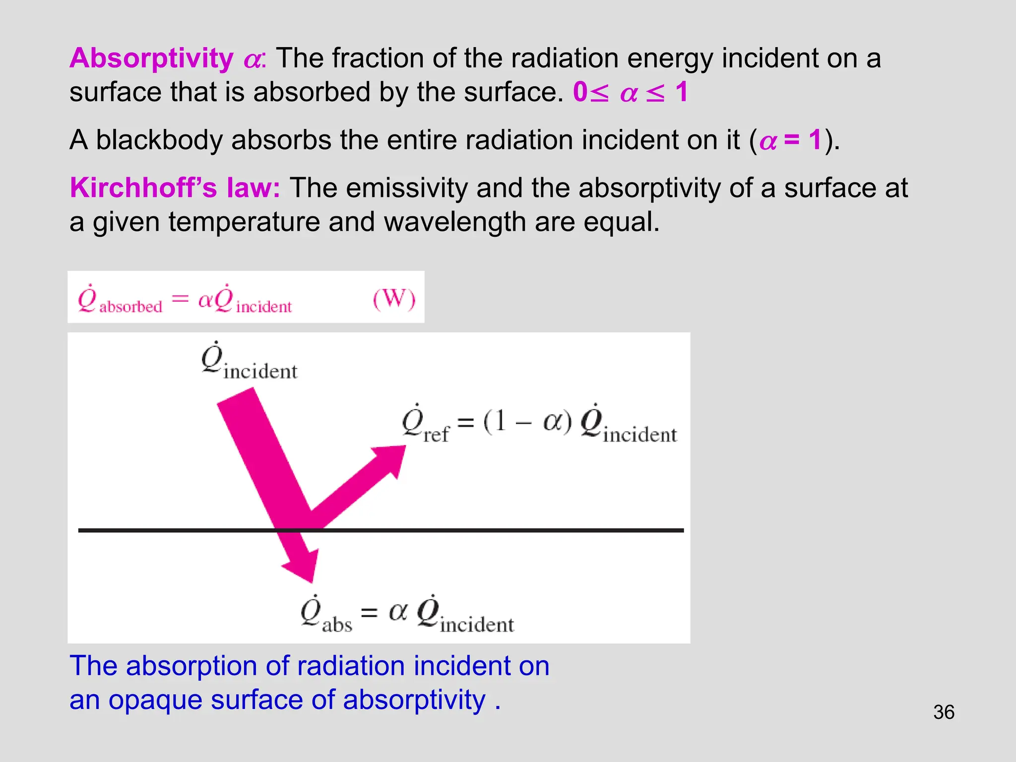 36
Absorptivity : The fraction of the radiation energy incident on a
surface that is absorbed by the surface. 0   1
A blackbody absorbs the entire radiation incident on it ( = 1).
Kirchhoff’s law: The emissivity and the absorptivity of a surface at
a given temperature and wavelength are equal.
The absorption of radiation incident on
an opaque surface of absorptivity .
 