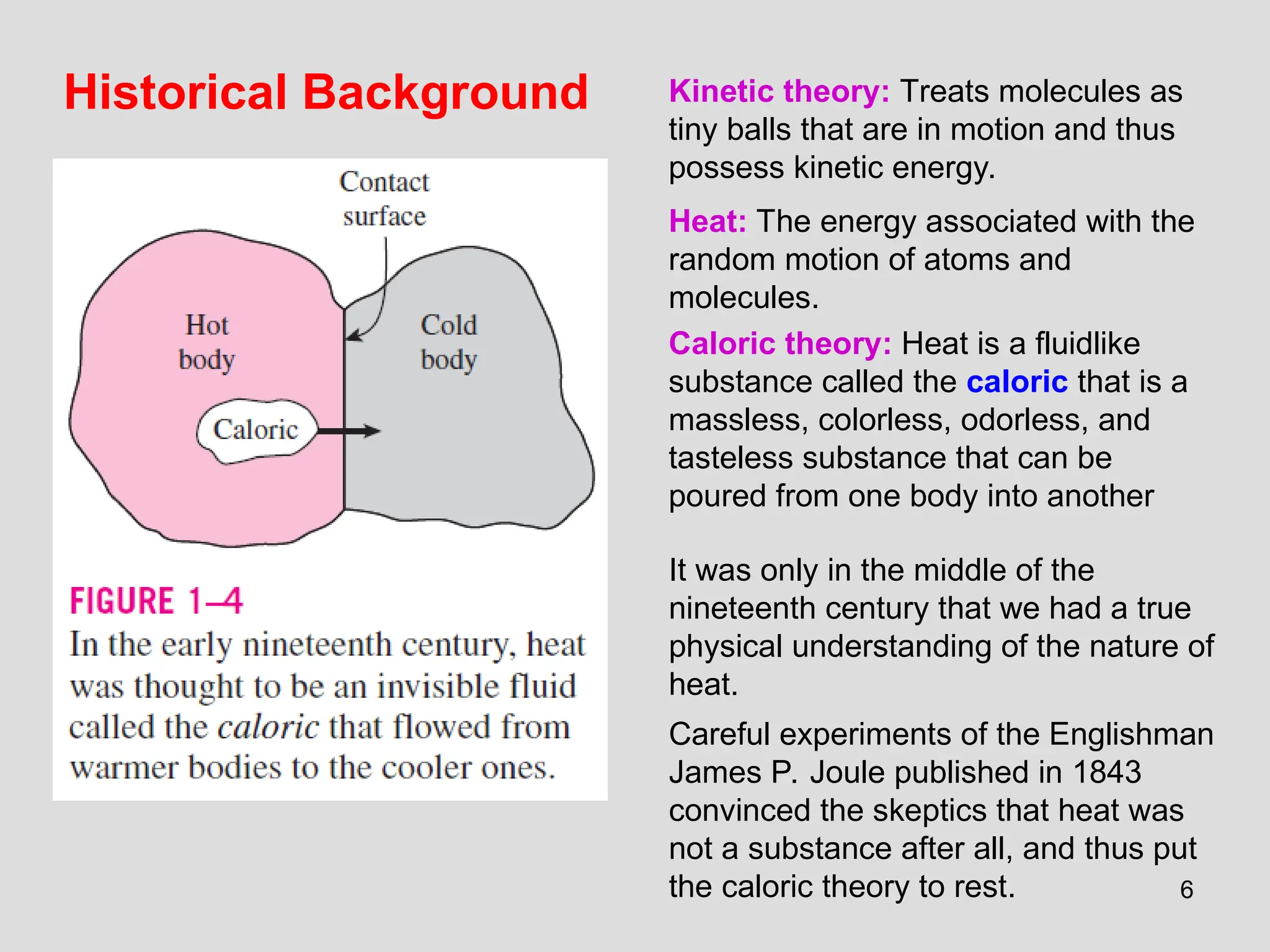 6
Historical Background Kinetic theory: Treats molecules as
tiny balls that are in motion and thus
possess kinetic energy.
Heat: The energy associated with the
random motion of atoms and
molecules.
Caloric theory: Heat is a fluidlike
substance called the caloric that is a
massless, colorless, odorless, and
tasteless substance that can be
poured from one body into another
It was only in the middle of the
nineteenth century that we had a true
physical understanding of the nature of
heat.
Careful experiments of the Englishman
James P. Joule published in 1843
convinced the skeptics that heat was
not a substance after all, and thus put
the caloric theory to rest.
 