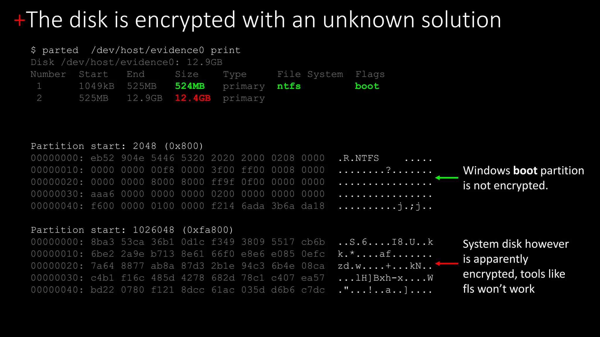 +The disk is encrypted with an unknown solution
$ parted /dev/host/evidence0 print
Disk /dev/host/evidence0: 12.9GB
Number Start End Size Type File System Flags
1 1049kB 525MB 524MB primary ntfs boot
2 525MB 12.9GB 12.4GB primary
Partition start: 2048 (0x800)
00000000: eb52 904e 5446 5320 2020 2000 0208 0000 .R.NTFS .....
00000010: 0000 0000 00f8 0000 3f00 ff00 0008 0000 ........?.......
00000020: 0000 0000 8000 8000 ff9f 0f00 0000 0000 ................
00000030: aaa6 0000 0000 0000 0200 0000 0000 0000 ................
00000040: f600 0000 0100 0000 f214 6ada 3b6a da18 ..........j.;j..
Partition start: 1026048 (0xfa800)
00000000: 8ba3 53ca 36b1 0d1c f349 3809 5517 cb6b ..S.6....I8.U..k
00000010: 6be2 2a9e b713 8e61 66f0 e8e6 e085 0efc k.*....af.......
00000020: 7a64 8877 ab8a 87d3 2b1e 94c3 6b4e 08ca zd.w....+...kN..
00000030: c4b1 f16c 485d 4278 682d 78c1 c407 ea57 ...lH]Bxh-x....W
00000040: bd22 0780 f121 8dcc 61ac 035d d6b6 c7dc ."...!..a..]....
Windows boot partition
is not encrypted.
System disk however
is apparently
encrypted, tools like
fls won’t work
 