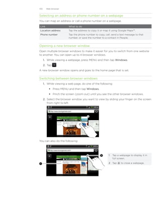 130     Web browser


Selecting an address or phone number on a webpage
You can map an address or call a phone number on a webpage.

Link                     What to do
Location address         Tap the address to copy it or map it using Google Maps™.
Phone number             Tap the phone number to copy, call, send a text message to that
                         number, or save the number to a contact in People.


Opening a new browser window
Open multiple browser windows to make it easier for you to switch from one website
to another. You can open up to 4 browser windows.
      1. While viewing a webpage, press MENU and then tap Windows.
      2. Tap    .
A new browser window opens and goes to the home page that is set.


Switching between browser windows
      1. While viewing a web page, do one of the following:
           Press MENU and then tap Windows.
           Pinch the screen (zoom out) until you see the other browser windows.
      2.	 Select the browser window you want to view by sliding your finger on the screen
          from right to left.




You can also do the following:




                                                    2     1	 Tap a webpage to display it in
                                                             full screen.

1                                                         2	 Tap     to close a webpage.
 