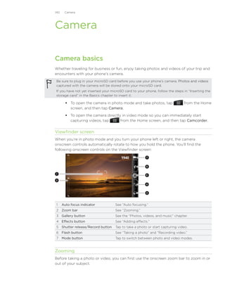140   Camera




Camera

Camera basics
Whether traveling for business or fun, enjoy taking photos and videos of your trip and
encounters with your phone’s camera.
Be sure to plug in your microSD card before you use your phone’s camera. Photos and videos
                                                                         ������������������
captured with the camera will be stored onto your microSD card.
If you have not yet inserted your microSD card to your phone, follow the steps in “Inserting the
storage card“ in the Basics chapter to insert it.

       To open the camera in photo mode and take photos, tap                  from the Home
        screen, and then tap Camera.
       To open the camera directly in video mode so you can immediately start
        capturing videos, tap      from the Home screen, and then tap Camcorder.


Viewfinder screen
When you’re in photo mode and you turn your phone left or right, the camera
onscreen controls automatically rotate to how you hold the phone. You’ll find the
following onscreen controls on the Viewfinder screen:

                                                        7



                                                        6


1
                                                       5

2
                                                       4


                                                        3




1	 Auto focus indicator             See “Auto focusing.”
2	 Zoom bar                         See “Zooming.”
3	 Gallery button                   See the “Photos, videos, and music” chapter.
4	 Effects button                   See “Adding effects.”
5	 Shutter release/Record button    Tap to take a photo or start capturing video.
6	 Flash button                     See “Taking a photo” and “Recording video.”
7	 Mode button                      Tap to switch between photo and video modes.


Zooming
Before taking a photo or video, you can first use the onscreen zoom bar to zoom in or
out of your subject.
 