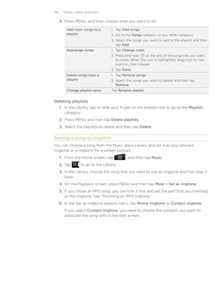 156     Photos, videos, and music


      3. Press MENU, and then choose what you want to do:

          Add more songs to a         1. Tap Add songs.
          playlist                    . Go to the Songs category or any other category.
                                      . Select the songs you want to add to the playlist and then
                                         tap Add.
          Rearrange songs             1. Tap Change order.
                                      . Press and hold      at the end of the song title you want
                                         to move. When the row is highlighted, drag it to its new
                                         position, then release.
                                      . Tap Done.
          Delete songs from a         1. Tap Remove songs.
          playlist                    . Select the songs you want to delete and then tap
                                         Remove.
          Change playlist name        Tap Rename playlist.


Deleting playlists
      1. In the Library, tap or slide your finger on the bottom row to go to the Playlists
         category.
      2. Press MENU and then tap Delete playlists.
      3. Select the playlists to delete and then tap Delete.


Setting a song as ringtone
You can choose a song from the Music app’s Library and set it as your phone’s
ringtone or a ringtone for a certain contact.
      1. From the Home screen, tap             , and then tap Music.
      2. Tap        to go to the Library.
      3. In the Library, choose the song that you want to use as ringtone and then play it
         back.
      4. On the Playback screen, press MENU and then tap More  Set as ringtone.
      5. If you chose an MP3 song, you can trim it first and set the part that you trimmed
         as the ringtone. See “Trimming an MP3 ringtone.”
      6. In the Set as ringtone options menu, tap Phone ringtone or Contact ringtone.
         If you select Contact ringtone, you need to choose the contacts you want to
         associate the song with in the next screen.
 