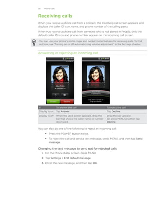 38    Phone calls



Receiving calls
When you receive a phone call from a contact, the Incoming call screen appears and
displays the caller ID icon, name, and phone number of the calling party.
When you receive a phone call from someone who is not stored in People, only the
default caller ID icon and phone number appear on the Incoming call screen.

You can use your phone’s polite ringer and pocket mode features for receiving calls. To find
out how, see “Turning on or off automatic ring volume adjustment” in the Settings chapter.


Answering or rejecting an incoming call




If                  To answer the call                         To reject the call
Display is on       Tap Answer.                                Tap Decline.
Display is off      When the Lock screen appears, drag the     Drag the bar upward.
                    bar that shows the caller name or number   Or, press MENU and then tap
                    downward.                                  Decline.

You can also do one of the following to reject an incoming call:
        Press the POWER button twice.
        To reject the call and send a text message, press MENU, and then tap Send
         message.

Changing the text message to send out for rejected calls
     1. On the Phone dialer screen, press MENU.
     2. Tap Settings  Edit default message.
     3. Enter the new message, and then tap OK.
 