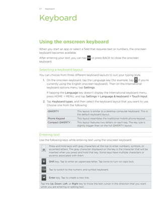 57    Keyboard




Keyboard

Using the onscreen keyboard
When you start an app or select a field that requires text or numbers, the onscreen
keyboard becomes available.
After entering your text, you can tap           or press BACK to close the onscreen
keyboard.


Selecting a keyboard layout
You can choose from three different keyboard layouts to suit your typing style.
     1.	 On the onscreen keyboard, tap the Language key (for example, tap      if you’re
         currently using the English onscreen keyboard). Then on the International
         keyboard options menu, tap Settings.
       If tapping the Language key doesn’t display the International keyboard menu,
       press HOME  MENU, and tap Settings  Language  keyboard  Touch Input.
     2.	 Tap Keyboard types, and then select the keyboard layout that you want to use.
         Choose one from the following:

        QWERTY                    This layout is similar to a desktop computer keyboard. This is
                                  the default keyboard layout.
        Phone Keypad              This layout resembles the traditional mobile phone keypad.
        Compact QWERTY            This layout features two letters on each key. The key size is
                                  slightly bigger than on the full QWERTY layout.


Entering text
Use the following keys while entering text using the onscreen keyboard:

         Press and hold keys with gray characters at the top to enter numbers, symbols, or
         accented letters. The gray character displayed on the key is the character that will be
         inserted when you press and hold that key. Some keys have multiple characters or
         accents associated with them.

         Shift key. Tap to enter an uppercase letter. Tap twice to turn on caps lock.


         Tap to switch to the numeric and symbol keyboard.


         Enter key. Tap to create a new line.

 Tap the Up, Down, Left, or Right key to move the text cursor in the direction that you want
 while you are entering or editing text.
 