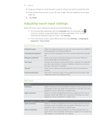 62    Keyboard


     3.	 Drag your finger to move the text cursor to where you want to paste the text.
     4.	 After positioning the text cursor, lift your finger. The text selection menu then
         pops up.
     5.	 Tap Paste.


Adjusting touch input settings
Open the Touch Input settings by doing one of the following:
         On the onscreen keyboard, tap the Language key (for example, tap
          if you’re currently using the English onscreen keyboard). Then on the
          International keyboard options menu, tap Settings.
         From the Home screen, press MENU and then tap Settings  Language 
          keyboard  Touch Input.


Touch Input settings
Keyboard types               Select the keyboard layout to use. You can choose from QWERTY,
                             Phone Keypad, or Compact QWERTY.
International keyboard       Add or remove languages from the onscreen keyboard language
                             list.
Bilingual prediction         Select a secondary keyboard language to use. See “Setting a
                             second language for the keyboard”.
Text input                   Set text input options when entering text, calibrate the keyboard,
                             and set a sound and/or vibration feedback whenever you tap a
                             key. See “Text input” for details.
Tutorial                     Learn how to use the onscreen keyboard with this interactive
                             tutorial.
Personal dictionary          Add, edit or remove words in the predictive text dictionary. See
                             “Entering words with predictive text.”



Text input
QWERTY
Prediction                   Select to enable the word prediction feature which provides a list
                             of possible words that reflect the characters of the keys you have
                             tapped as well as characters of nearby keys.
Spell correction             Select to correct typographical errors by selecting from a list of
                             possible words that reflect the characters of the keys you have
                             tapped as well as characters of nearby keys.


Phone keypad  compact QWERTY
Spell correction             Select to correct typographical errors by selecting from a list of
                             possible words that reflect the characters of the keys you have
                             tapped as well as characters of nearby keys.
Word completion              When using the Compact QWERTY or Phone keypad, lets you
                             select from a list of possible combinations based on the characters
                             that appear on the keys that you tapped.
 