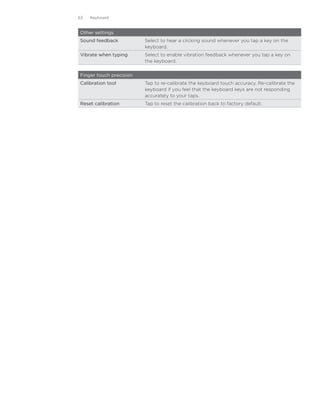 63   Keyboard


Other settings
Sound feedback           Select to hear a clicking sound whenever you tap a key on the
                         keyboard.
Vibrate when typing      Select to enable vibration feedback whenever you tap a key on
                         the keyboard.


Finger touch precision
Calibration tool         Tap to re-calibrate the keyboard touch accuracy. Re-calibrate the
                         keyboard if you feel that the keyboard keys are not responding
                         accurately to your taps.
Reset calibration        Tap to reset the calibration back to factory default.
 