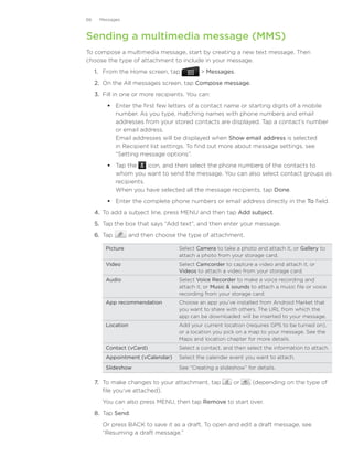 66    Messages



Sending a multimedia message (MMS)
To compose a multimedia message, start by creating a new text message. Then
choose the type of attachment to include in your message.
     1. From the Home screen, tap             Messages.
     2. On the All messages screen, tap Compose message.
     3.	 Fill in one or more recipients. You can:
           Enter the first few letters of a contact name or starting digits of a mobile
            number. As you type, matching names with phone numbers and email
            addresses from your stored contacts are displayed. Tap a contact’s number
            or email address.
            Email addresses will be displayed when Show email address is selected
            in Recipient list settings. To find out more about message settings, see
            “Setting message options”.
           Tap the     icon, and then select the phone numbers of the contacts to
            whom you want to send the message. You can also select contact groups as
            recipients.
            When you have selected all the message recipients, tap Done.
           Enter the complete phone numbers or email address directly in the To field.
     4.	 To add a subject line, press MENU and then tap Add subject.
     5.	 Tap the box that says “Add text”, and then enter your message.
     6.	 Tap        and then choose the type of attachment.

         Picture                     Select Camera to take a photo and attach it, or Gallery to
                                     attach a photo from your storage card.
         Video                       Select Camcorder to capture a video and attach it, or
                                     Videos to attach a video from your storage card.
         Audio                       Select Voice Recorder to make a voice recording and
                                     attach it, or Music  sounds to attach a music file or voice
                                     recording from your storage card.
         App recommendation          Choose an app you’ve installed from Android Market that
                                     you want to share with others. The URL from which the
                                     app can be downloaded will be inserted to your message.
         Location                    Add your current location (requires GPS to be turned on),
                                     or a location you pick on a map to your message. See the
                                     Maps and location chapter for more details.
         Contact (vCard)             Select a contact, and then select the information to attach.
         Appointment (vCalendar)     Select the calendar event you want to attach.

         Slideshow                   See “Creating a slideshow” for details.

     7.	 To make changes to your attachment, tap           or     (depending on the type of
         file you’ve attached).
        You can also press MENU, then tap Remove to start over.
     8.	 Tap Send.
        Or press BACK to save it as a draft. To open and edit a draft message, see
        “Resuming a draft message.”
 