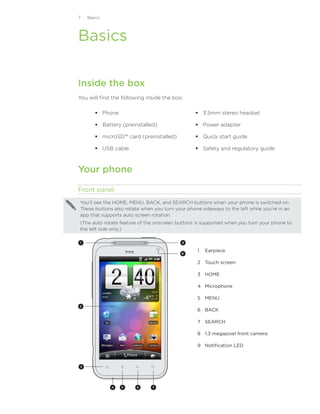 Basics




Basics

Inside the box
You will find the following inside the box:

        Phone                                    3.5mm stereo headset

        Battery (preinstalled)                   Power adapter

        microSD™ card (preinstalled)             Quick start guide

        USB cable                                Safety and regulatory guide



Your phone

Front panel
You’ll see the HOME, MENU, BACK, and SEARCH buttons when your phone is switched on.
These buttons also rotate when you turn your phone sideways to the left while you’re in an
app that supports auto screen rotation.
(The auto rotate feature of the onscreen buttons is supported when you turn your phone to
the left side only.)

1                                          9

                                                  1	 Earpiece
                                           8

                                                  2	 Touch screen

                                                  3	 HOME

                                                  4	 Microphone

                                                  5	 MENU
2
                                                  6	 BACK

                                                  7	 SEARCH

                                                  8	 1.3 megapixel front camera

                                                  9	 Notification LED



3




             4   5      6      7
 