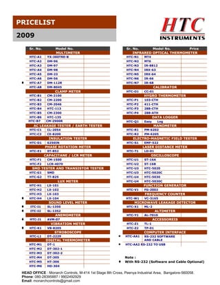 PRICELIST
2009
Sr. No.

Model No.
MULTIMETER

Sr. No.
Model No.
Price
INFRARED OPTICAL THERMOMETER

HTC-A1

YX-360TRE-B

HTC-N1

MT4

HTC-A2

DM-96

HTC-N2

MT6

HTC-A3

DM-97

HTC-N3

IR-8812

HTC-A4

DM-98

HTC-N4

IRX-63

HTC-A5

DM-23

HTC-N5

IRX-64

HTC-A6

DM-56

HTC-N6

IR-66

HTC-A7

DM-112R

HTC-N7

IR-68

HTC-A8

DM-8045
HTC-O1

CC-01

CLAMP METER

CALIBRATOR
HYGRO THERMOMETER

HTC-B1

CM-2100

HTC-B2
HTC-B3
HTC-B4

CM-2200
CM-2046
HTC-113

HTC-P1
HTC-P2
HTC-P3

103-CTH
411-CTH
288-CTH

HTC-B5
HTC-B6
HTC-B7

CM-2300
HTC-135
CM-2900R

HTC-P4

288-ATH

HTC-Q1

Easy

DATA LOGGER
Log

AC LEAKAGE TESTER / EARTH TESTER
HTC-C1
HTC-C2

CL-2054
CE-8200

HTC-D1

6250IN

INSULATION TESTER

MANOMETER
HTC-R1
HTC-R2

ELECTRO-MAGNETIC FIELD TESTER
HTC-S1

PHASE ROTATION METER
HTC-E1

ST-852

PM-6202
PM-6205
EMF-522

LASER DISTANCE METER
HTC-T1

LD-01

CAPACITANE / LCR METER

OSCILLOSCOPE

HTC-F1

CM-1500

HTC-U1

ST-16A

HTC-F2

LCR-4070

HTC-U2
HTC-U3

ST-16B
HTC-5020

HTC-U3
HTC-U4
HTC-U4

HTC-5020C
HTC-5030
HTC-5030C

SMD TESTER AND TRANSISTOR TESTER
HTC-G1
HTC-G2

SMD
TT-825

HTC-H1
HTC-H2
HTC-H3

LX-101
LX-102
LX-103

HTC-V1

FG-2002

HTC-H4

LX-104

HTC-W1

VC-3165

LUX METER

SOUND LEVEL METER
ITC-I1
ITC-I2

SL-1350
SL-1352

ANEMOMETER
HTC-J1

FREQUENCY COUNTER
MICROWAVE LEAKAGE DETECTOR
HTC-X1

ML-2

HTC-Y1

AL-7010

HTC-Z1

TL-1

ALTIMETER
ACCESSOREIS

AVM-07

VIBRATION METER
HTC-K1

FUNCTION GENERATOR

VB-8205

HTC-Z2

STROBOSCOPE
HTC-L1

DT-2229

DIGITAL THERMOMETER

TP-01

COMPUTER INTERFACE
HTC-AA1

RS-232 SOFTWARE
AND CABLE

HTC-M1
HTC-M2
HTC-M3

DT-1
DT-302-1
DT-302-2

HTC-AA2 RS-232 TO USB

HTC-M4

DT-305

HTC-M5

HT-306

Note :
With RS-232 (Software and Cable Optional)

HTC-M6

HD-304

HEAD OFFICE : Monarch Controls, M-414 1st Stage 8th Cross, Peenya Industrial Area, Bangalore-560058.
Phone: 080-28395887 / 9902492929
Email: monarchcontrols@gmail.com

 