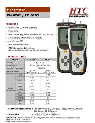 Manometer
PM-6202 / PM-6205
Features :
•

Larger Dual LCD with backlight

•

Data Hold

•

Max / Min / Avg value with relative time stamp

•

Zero Adjust, Offset and DIF function

•

Auto Power Off

•

Low Battery indication

•

USB Computer Interface
(Advanced Software Program for all windows)

Technical Data :
Model

6202

Accuracy

6205
+0.3% FSO

Repeatability

+0.2% (Max. +0.5% FSO)

Linearity / Hysteresis

+0.29% FSO
+2 psi
(+55.40 in H2O)

+5 psi
(+138.3 in H2O)

inH2O

0.01

0.01

psi

0.001

0.001

mbar

0.1

0.1

kPa

0.01

0.01

inHg

0.001

0.001

mmHg

0.1

0.1

Ozin2

0.01

0.01

ftH2O

0.001

0.01

cmH2O

0.1

0.1

kgcm

0.001

0.001

bar

0.001

0.001

Pressure Range

Units &
Resolution

•

Standard Accessories : Soft carrying case, Gift Box, Tubes, Manual, Battery,
USB Cable, CD Software.

•

Dimension

: 210(H) x 75(W) x 50(D)mm

HEAD OFFICE : Monarch Controls, M-414 1st Stage 8th Cross, Peenya Industrial Area, Bangalore-560058.
Phone: 080-28395887 / 9902492929
Email: monarchcontrols@gmail.com

 