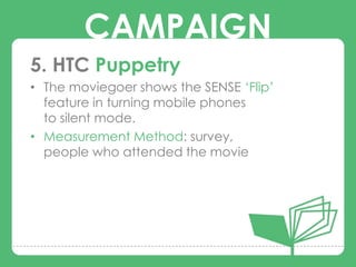 CAMPAIGN
5. HTC Puppetry
• The moviegoer shows the SENSE „Flip‟
  feature in turning mobile phones
        CAMPAIGNS
  to silent mode.
• Measurement Method: survey,
  people who attended the movie
 