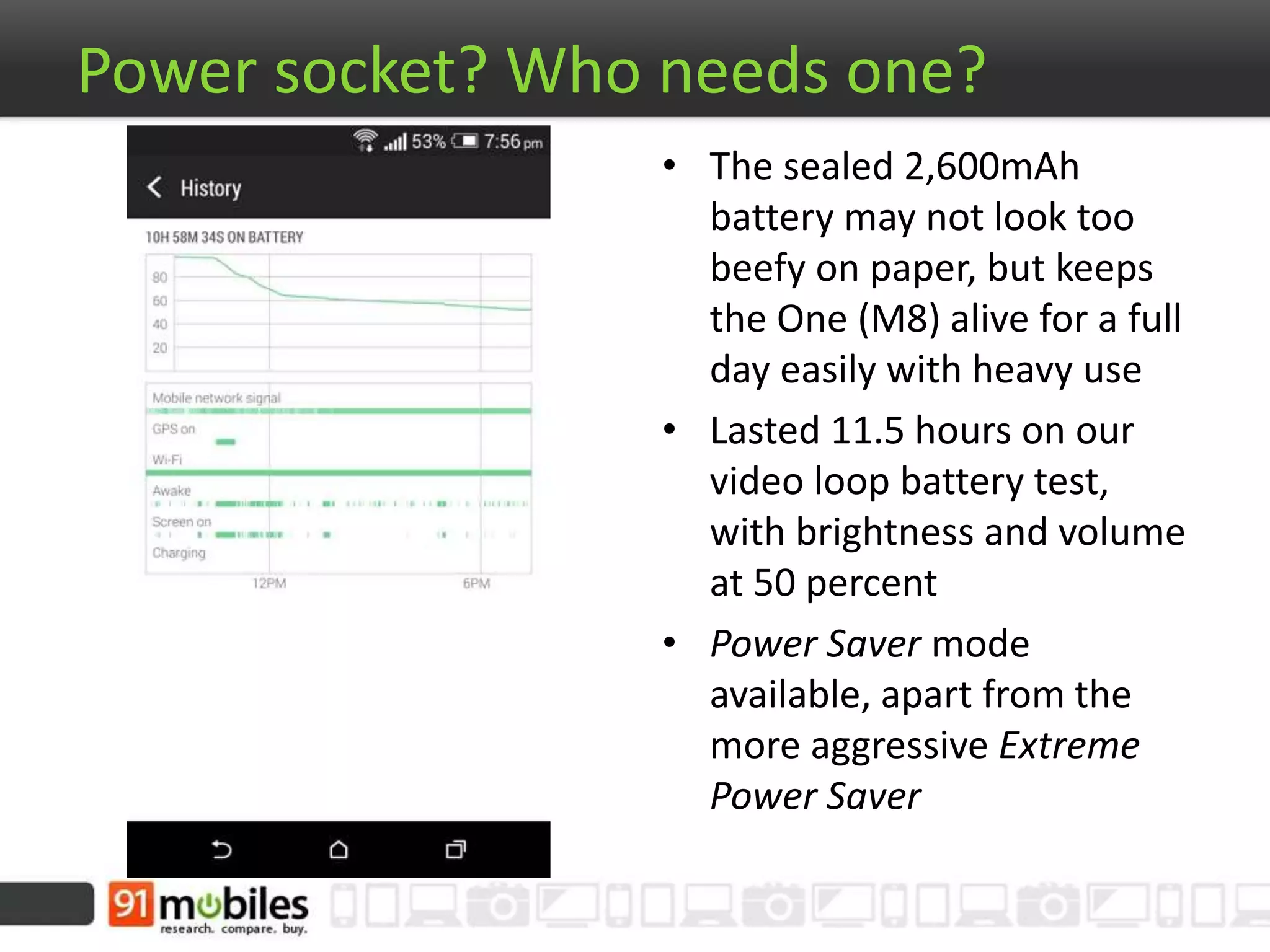 Power socket? Who needs one?
• The sealed 2,600mAh
battery may not look too
beefy on paper, but keeps
the One (M8) alive for a full
day easily with heavy use
• Lasted 11.5 hours on our
video loop battery test,
with brightness and volume
at 50 percent
• Power Saver mode
available, apart from the
more aggressive Extreme
Power Saver
 